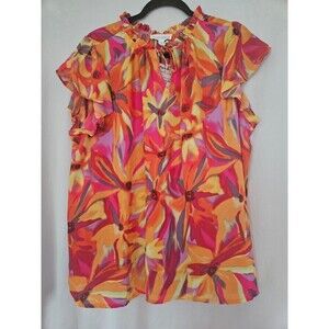 Cynthia Rowley Size 1X Floral Orange Red Top Blouse Lightweight Ruffle Tie Short